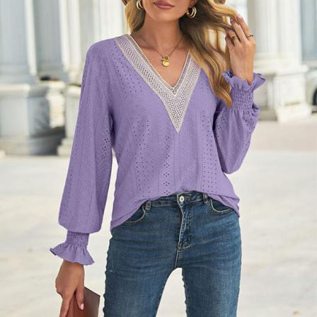 Långärmad Tunika Med Spetssömmar För Damer I Enfärgad T-shirt