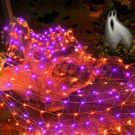 Halloween Net Lights, 360 LED 12ft x 5ft Koblebar Mesh Fairy String Lights, 8 Moduser Lavspenning Sikker Adapter for Juletrær Busker Bryllup
