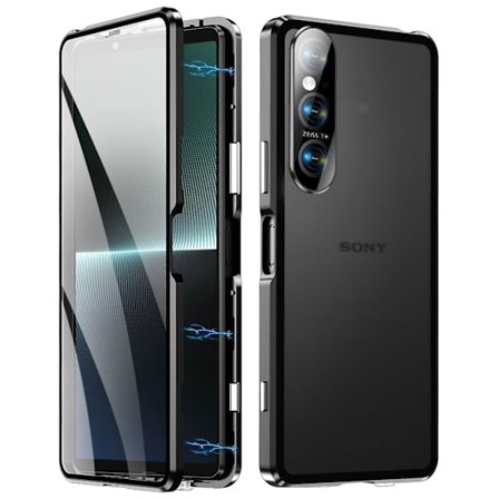 Til Sony Xperia 1 VI Gennemsigtigt Etui Hærdet Glas+Metal+PC Bagside Magnetisk Telefoncover - Sort