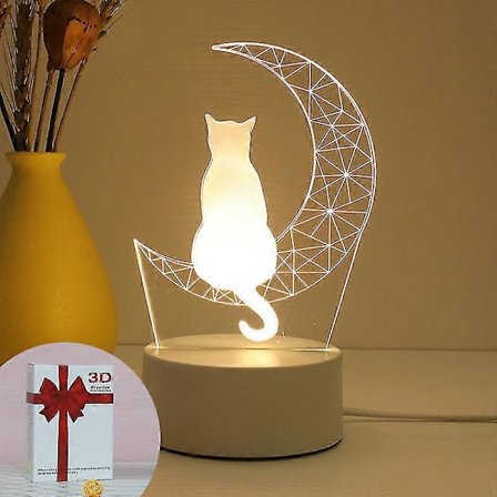 7 Farver 3D Måne & Kat Dekorativ Natlampe -4253463427860