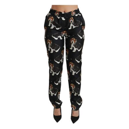 Dolce & Gabbana Puppy Dog Mid Waist Skinny Silk Bukser Sort, Dame