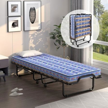 COSTWAY hopfällbar sidosäng på hjul - 80 x 200 CM - hopfällbar säng - 10 CM skummadrass - 15 träsänglister - blå