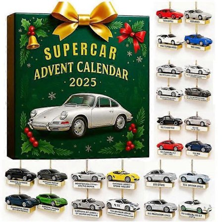 Perfekt Julekalender Overraskelsesboks for Katteelskere - Juletrepynt Akryl Anheng Porsche 26*18*3CM