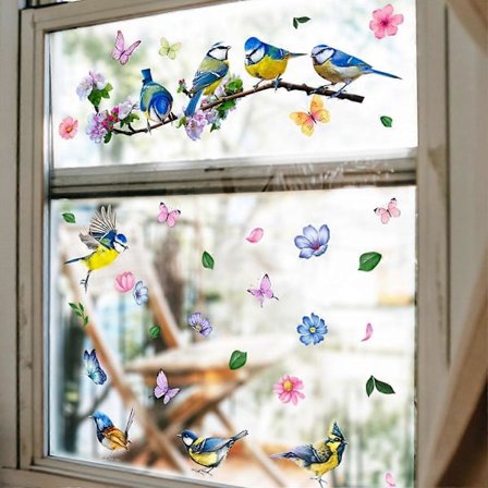 Dobbeltsidige blomster vindusdekaler Vår Sommer Blomst Vindusklistremerker Fargerike vindusfolier for glass Fugler Anti-kollisjon Dørklistremerker 