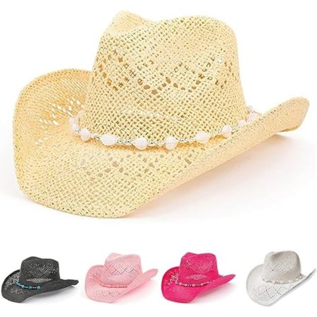 Naisten olkihattu cowboy-malli, helmikoristeella ja muotoiltavalla reunalla, pinkki