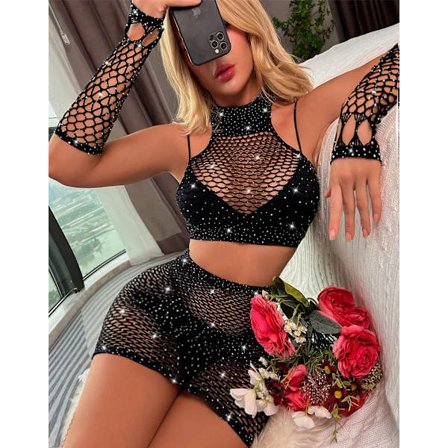 Sexiga underkläder för kvinnor, babydoll, underkläder, Catsui, diamant, glitter, kex, nattlinne, intim klänning, sexiga underkläder, handskar