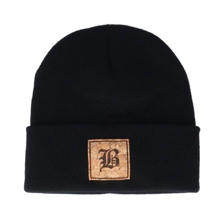 Iconic - Svart cuff Beanie - B Letter Patch Black Cuff @ Hatstore