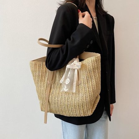 Halmbag håndveske skulder blonder sløyfe silkeskjerf strandferie tote bag stor kapasitet bøtteveske