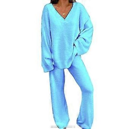 Dame 2-delt antrekk V-hals genser vid ben Sweatsuit Ribbestrikket Lounge Sett Fritidsklær (S blå)