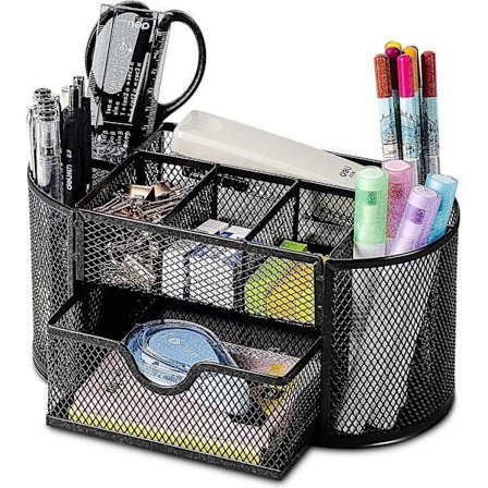 Mesh Skrivebordsarrangør Kontor Skrivebordsarrangør Med Skuffe, Metal Kontorartikler Arranger Skrivebords Caddy Penneholder, 8 Rum, Sort