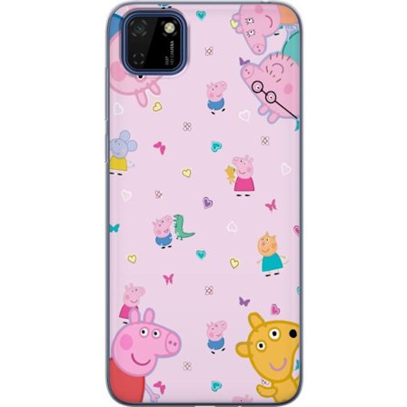 Kompatibelt Mobildeksel til Huawei Y5p Peppa Gris med en baby i armene, mamma gris motiv i fargerik og myk barneillustrasjon med hjerter