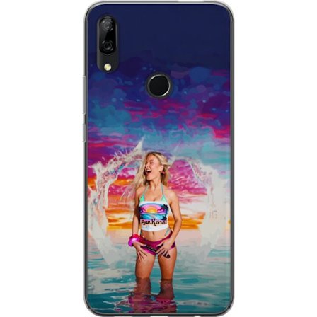 Yhteensopiva Puhelinkuori Huawei P Smart Z Vaalea nainen kirjavia rantavaatteita pelaa meressä auringonlaskun aikaan