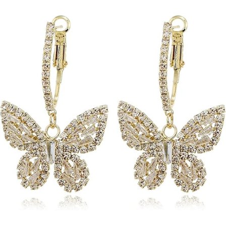 Fjäril Hoop Hängande Örhängen För Kvinnor, Kristall Rhinestone Droppörhängen För Dam, Guldpläterade Cubic Zirconia Örhängen för Bal Bröllop Brudar