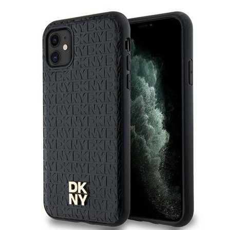 DKNY MagSafe-etui i lær med monogrammønster og metalllogo for iPhone 11 / Xr - Svart