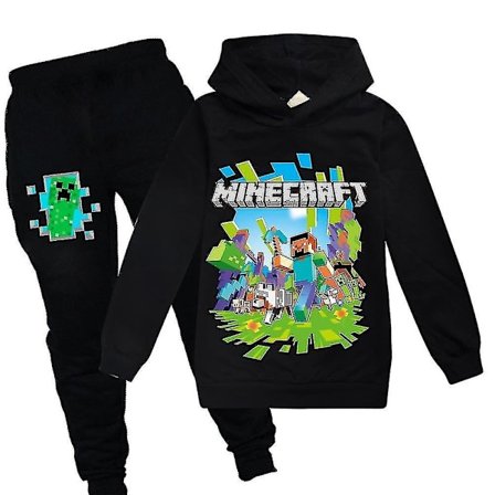 Barn Minecraft Spel Huvtröja Unisex Sport Hoodie Byxor Outfit Set S Svart 7-8 År Svart Svart