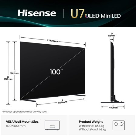 Hisense 254,0cm/100" (3840x2160) 100U7NQ 16:9 Mini LED 144Hz HDMI USB WLAN Bluetooth HDR10+ Adaptive Speaker Black