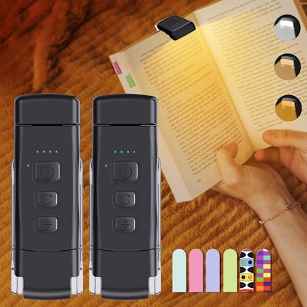 2-pakkauksen lukulamppu 6 kirjanmerkillä, kannettava kirjanvalaisin sängyssä lukemiseen, 3 väriä ja 5 kirkkautta himmennettävä silmä