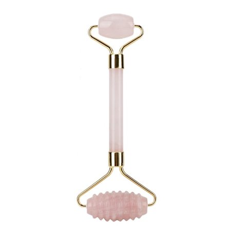 Naturlig Rosenkvarts Kristall Dubbelhuvud Skönhetsrulle Ansikts- och Nackmassageverktyg