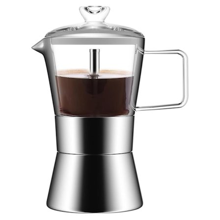 Moka Induksjonstopp Espressokoker, Glass-Topp & Rustfritt Stål Espresso Moka Kjele, Klassisk Italiensk Kaffetrakter, 240ml
