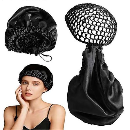 2-i-1 Sleep Bonnet Hårhætte til Krøllet, Flettet, Langt Hår, Satinforet Kant Pandebånd Silkeagtig Hår Cover til Kvinder