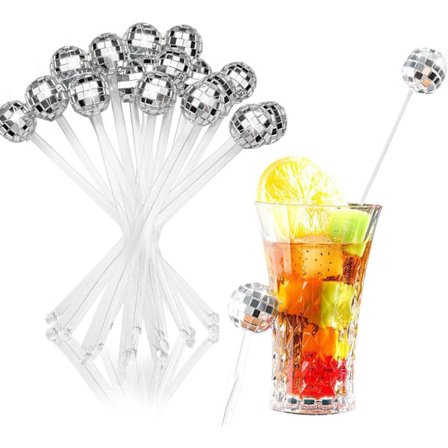 18 silver Disco-boll cocktailpinnar, plastcocktailblandare