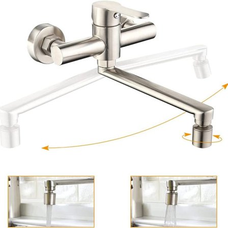 Veggmontert kjøkkenkran med 2 dyser, servantbatteri, 360° roterbar, vegg m