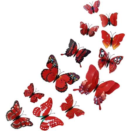 Aftagelig 3D Butterfly Vægsticker Dekoration (Dobbeltlags - Rød/12 stk) red