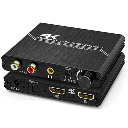 HDMI 2.0 Äänenirroitin – 4K HDMI - SPDIF Optinen 3,5 mm AUX Stereo RCA L/R Äänenjakaja Äänenvoimakkuuden Säätimellä, @60Hz, HDCP 2.2, HDR, 3D, YUV, 4: