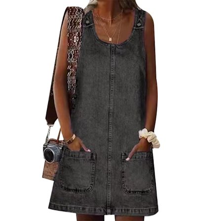 Kvinners Ermeløs Avslappet Denimkjole Rundhals Mini Kjole