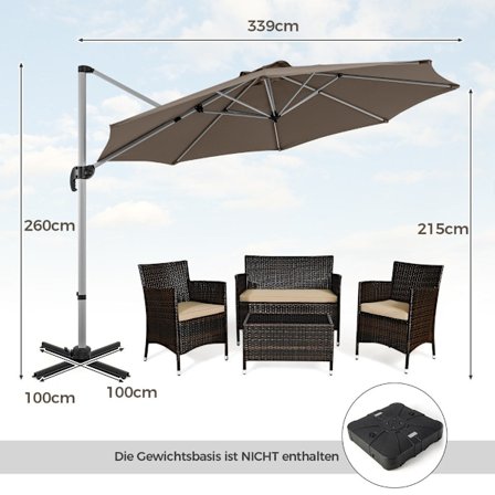 Ø 330 cm parasol med håndsving & UPF 50+ & 360° roterende cantilever parasol haveparasol brun