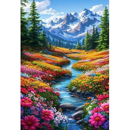 Diamond Art Malersæt til Voksne, Snowy Mountain Art Sæt til Begyndere, DIY Flod Blomst Fuld Runde Ædelsten Krystal Kunst Maleri med Diamanter til 