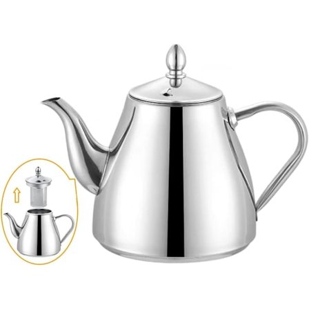 Tekanne i rustfritt stål med sil 1,5 liter (52oz) 5-6 kopper, god hellefunksjon sølv tekanne med silfilter for brygging av løs te eller tepose[CO]