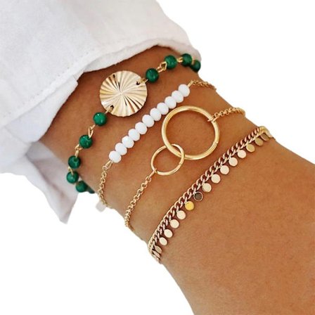 4 st Guld Chic Armband med Gröna & Vita Pärlor, Ringar & Plattor