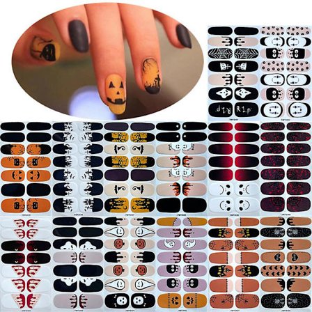 Halloween Nail Art Stickers Full Nail, 14 ark självhäftande nagelomslag nageldekorationer för Halloween-fest