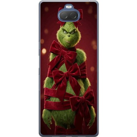 Yhteensopiva Puhelinkuori Sony Sony Xperia 10 Plus Grinchi-hahmo koristeltu punaisilla samettinauhoilla juhlavassa studiossa, leikkisällä ja humoris