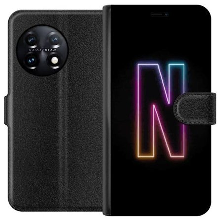 Kompatibel Tegnebogsetui til OnePlus OnePlus 11R Minimalistisk neonbogstav N i farveskiftende lys mod sort baggrund
