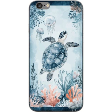 Yhteensopiva Puhelinkuori Apple iPhone 6 Plus Akvarellimaalaus merikilpikonna korallien ja meduusojen joukossa rauhallisessa sinisessä vedenalaisessa