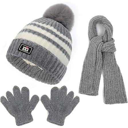 3-pack Vintermössa, Halsduk och Vantar för Barn 2-8 år - Pojkar och Flickor. Vintertillbehör Set, Tjock Stickad Varm Fleecefodrad Termisk Set Grey