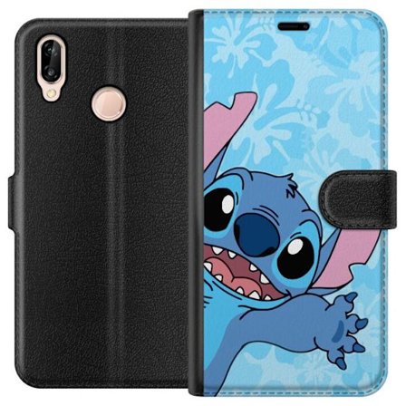 Kompatibel Tegnebogsetui til Huawei P20 lite Legende illustration af Stitch, der strækker sig mod kameraet på en lyseblå blomstret baggrund