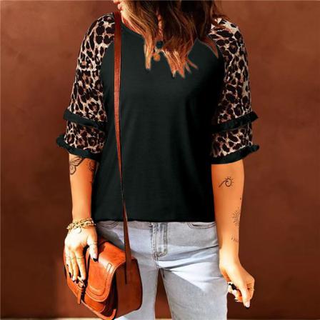 Kvinnor Printed Halvärm Crew Neck Leopard Lös T-shirt Casua