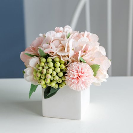 Kunstige blomster med liten keramisk vase, kunstig hortensia med