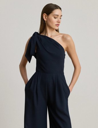 Lauren Ralph Lauren Bow-Trim Crepe One-Shoulder Jumpsuit - Navy - 44