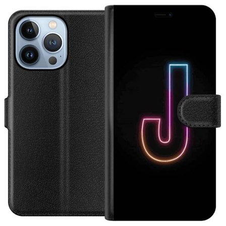 Yhteensopiva Lompakkokotelo Apple Apple iPhone 13 Pro Minimaalinen neonkirjain J värien vaihtuessa valossa mustaa taustaa vasten