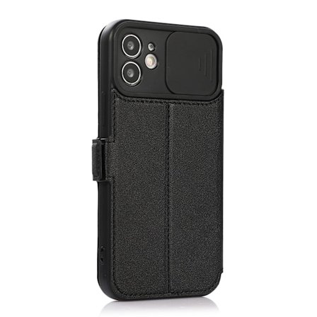 Fodral för iPhone 13PRO svart Plånbok med Korthållare Skjutbart Fönster Spegel Mode