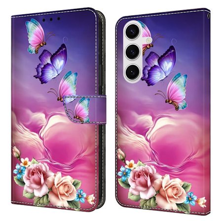 Samsung Galaxy S25 lommebokveske med mønsterutskrift Stativ lær flip telefondeksel - Blomster Sommerfugl