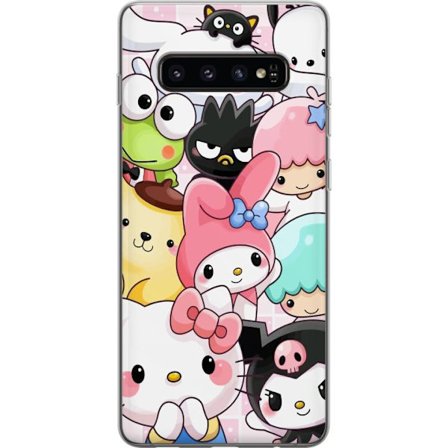 Kompatibelt Mobildeksel til Samsung Galaxy S10 Tett mønster av søte figurer med store øyne i ulike farger og uttrykk med LABUBU-tekst
