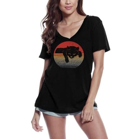 T-shirt med v-ringad dam Retro Sunset Svart Söt katt – Retro Sunset Svart Söt kattkatt – Vintagesvart T-shirt
