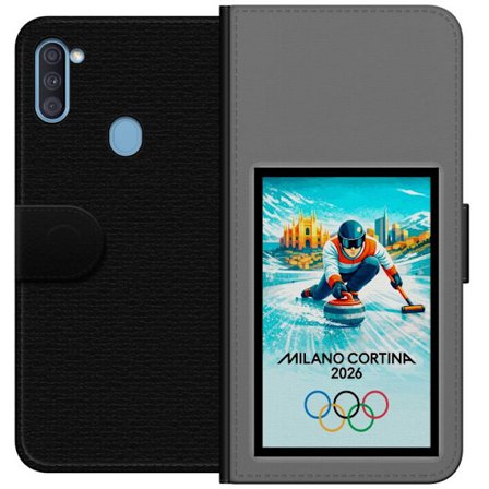 Yhteensopiva Lompakkokotelo Samsung Galaxy A11 Jääkiekkoilukuva, jossa pelaajat liikkuvat jäällä, Milano Cortina 2026, Milanin maamerkit ja olympialai