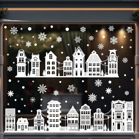 Juledekoration, vinduesdekorationer, selvklæbende, store 137 hvide huse, snefnug, hvide, genanvendelige billeder, statiske PVC-dekorationer til glas