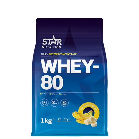 Star Nutrition Whey-80 Valleprotein 1 kg, Banan - Bodyman.dk